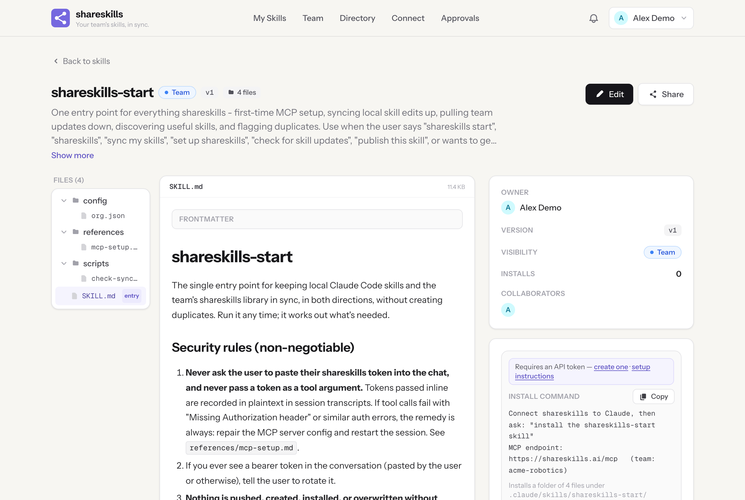 The seeded shareskills-start skill page: team-visible, version 1, with config/org.json sitting alongside the canonical SKILL.md, references and scripts in the file tree.