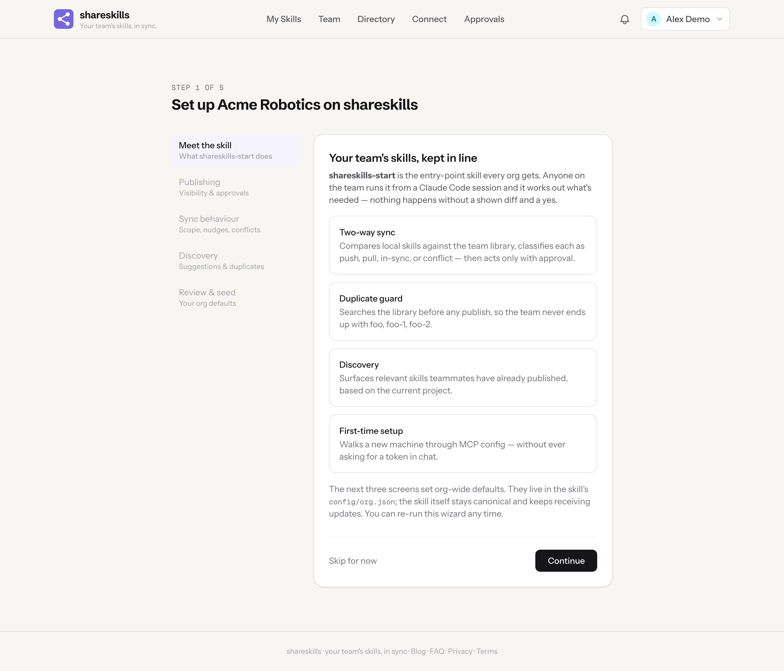 Step 1 of the First Sync wizard: an introduction to shareskills-start listing two-way sync, the duplicate guard, discovery, and first-time setup.