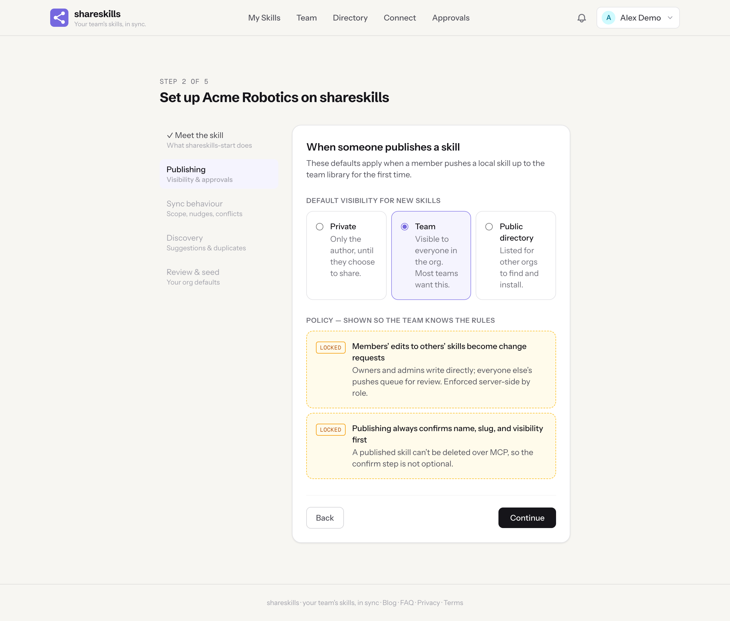 Step 2 of the wizard: default visibility cards for private, team, and public, above two locked policy rules about change requests and confirmed publishing.
