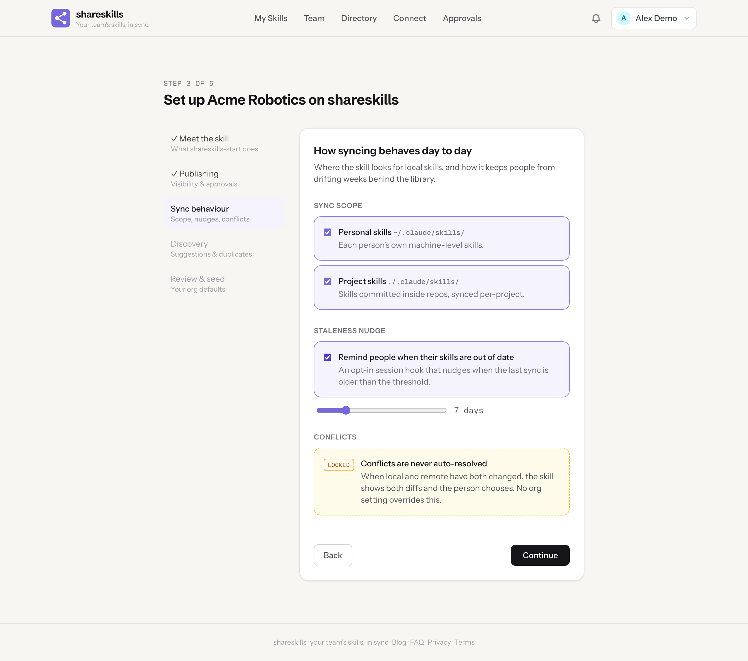 Step 3 of the wizard: checkboxes for personal and project sync scopes, a staleness-nudge toggle with a days slider, and a locked rule stating conflicts are never auto-resolved.